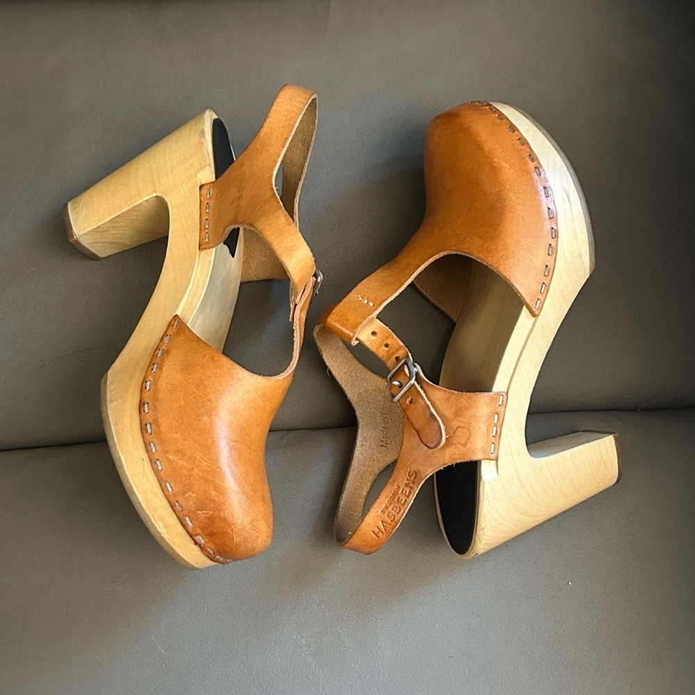 Swedish Hasbeens Women's Tan Leather Slingback Clogs